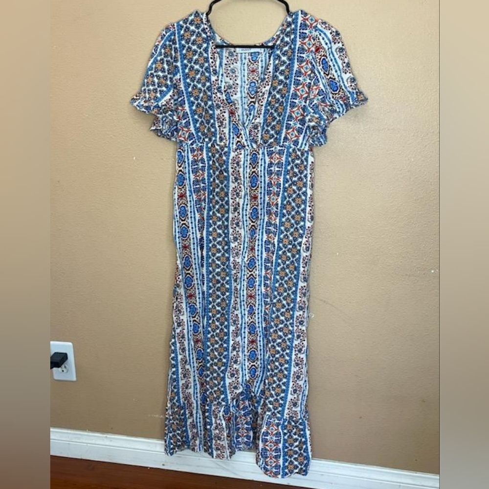 Anany Blue Geometric Floral Print Bohemian Short Sleeve Maxi Dress Large
